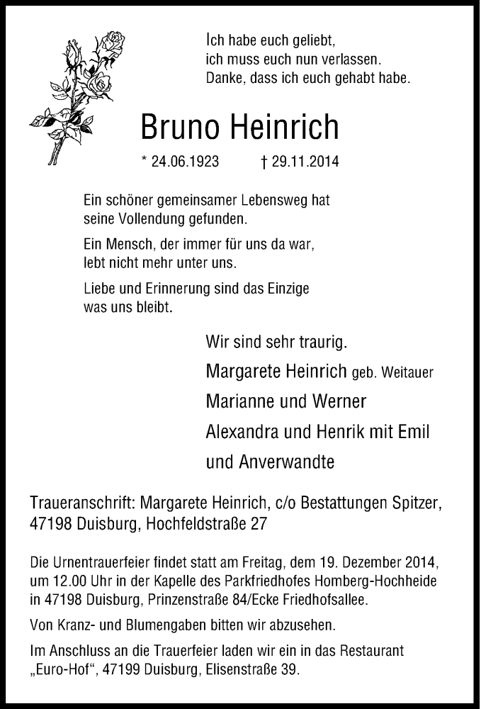 Traueranzeigen Von Bruno Heinrich Trauer In Nrw De