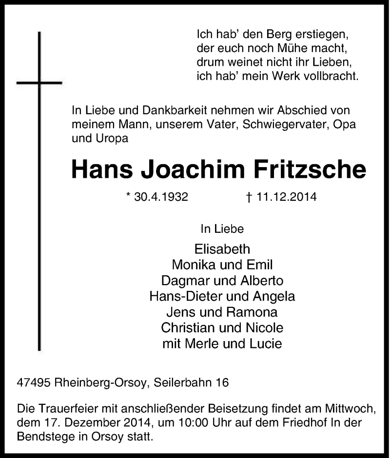 Traueranzeigen Von Hans Joachim Fritzsche Trauer In NRW De