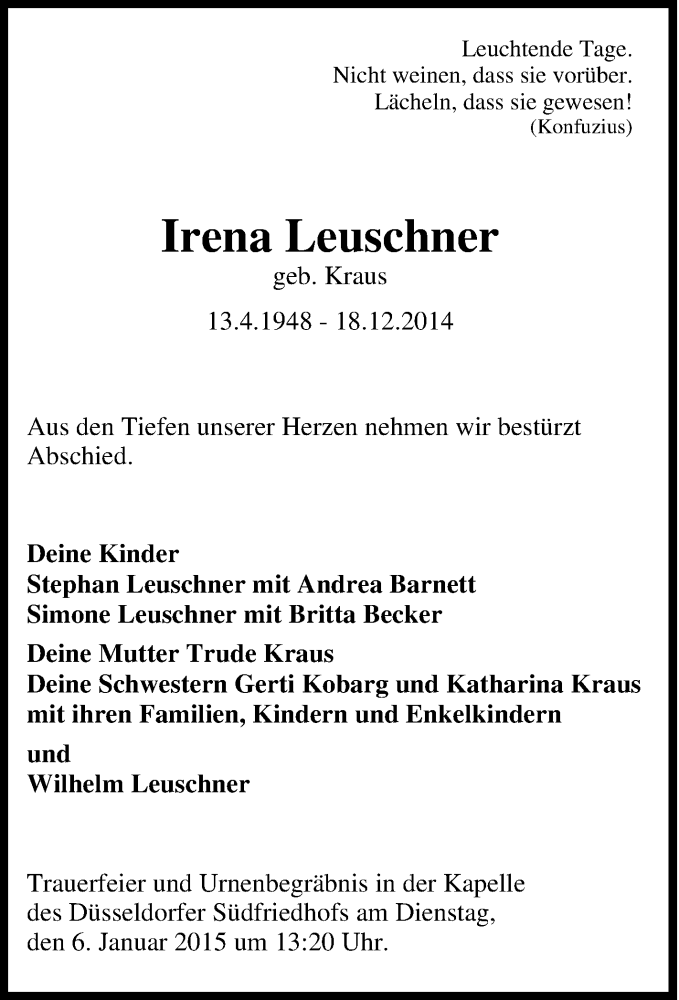 Traueranzeigen Von Irena Leuschner Trauer In NRW De