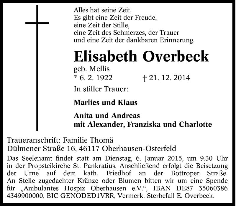 Traueranzeigen Von Elisabeth Overbeck Trauer In Nrw De