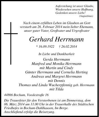 Traueranzeigen Von Gerhard Herrmann Trauer In Nrw De