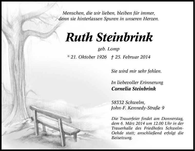 Traueranzeigen Von Ruth Steinbrink Trauer In Nrw De