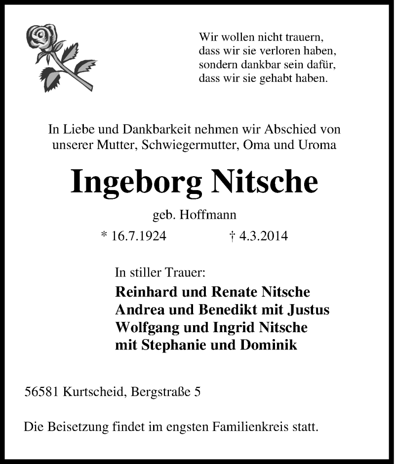 Traueranzeigen Von Ingeborg Nitsche Trauer In NRW De