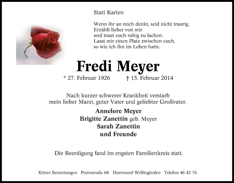 Traueranzeigen Von Fredi Meyer Trauer In Nrw De