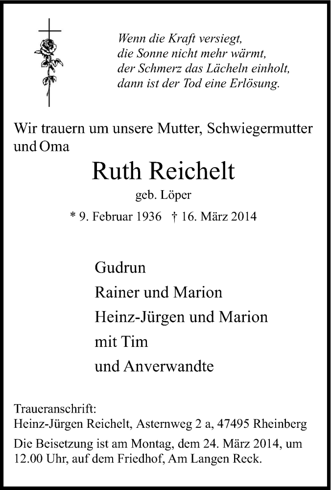 Traueranzeigen Von Ruth Reichelt Trauer In Nrw De