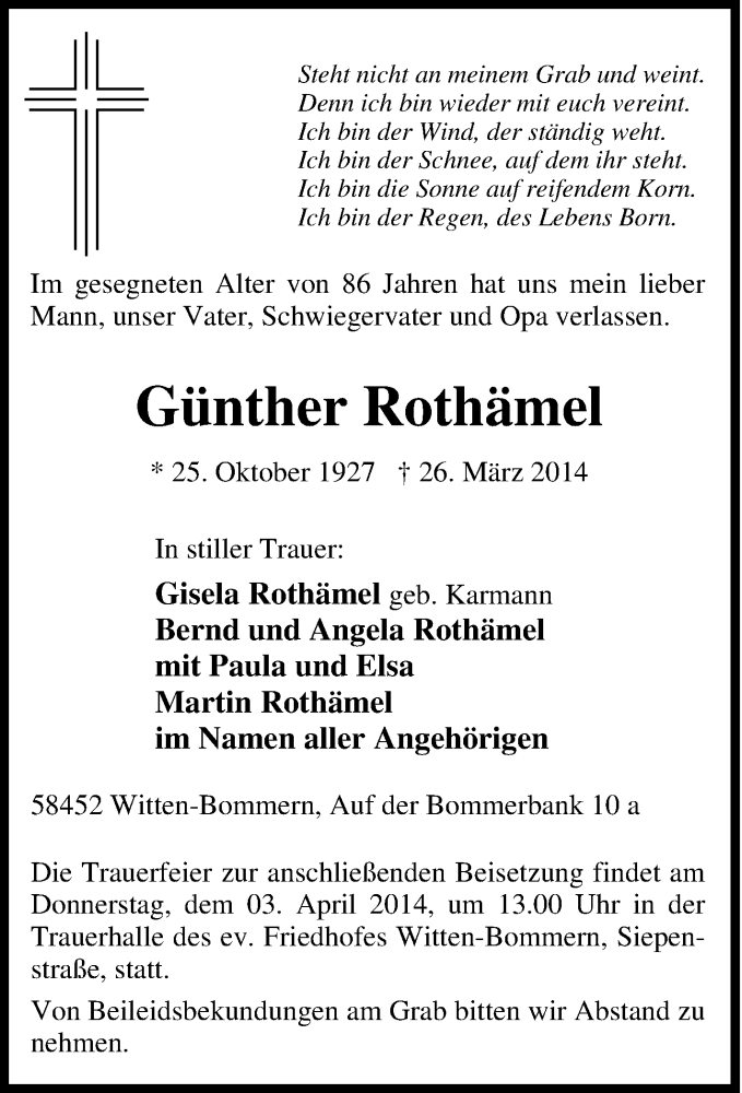 Traueranzeigen von Günther Rothämel Trauer in NRW de