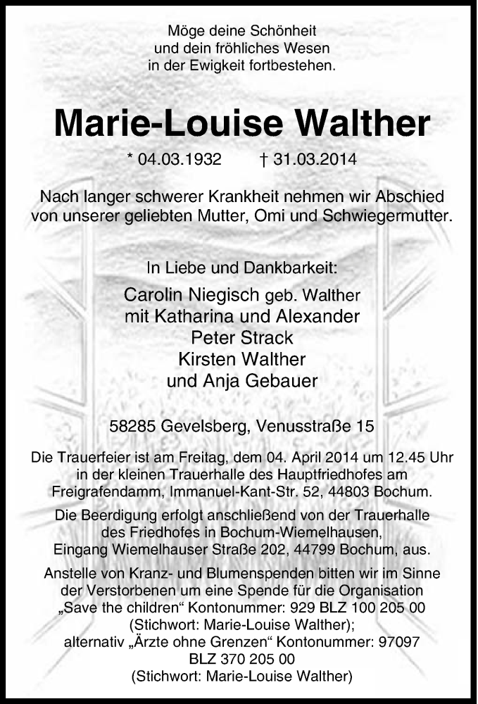 Traueranzeigen Von Marie Louise Walther Trauer In NRW De