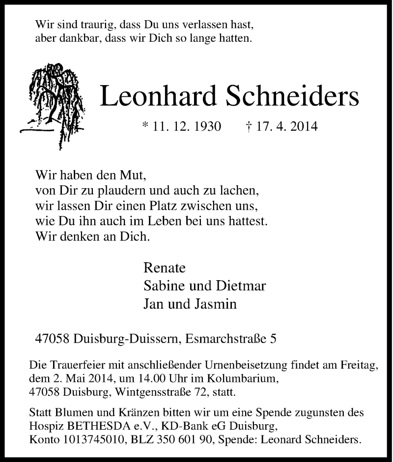 Traueranzeigen Von Leonhard Schneiders Trauer In Nrw De