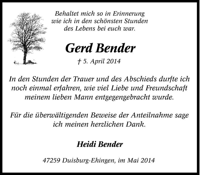 Traueranzeigen Von Gerd Bender Trauer In NRW De