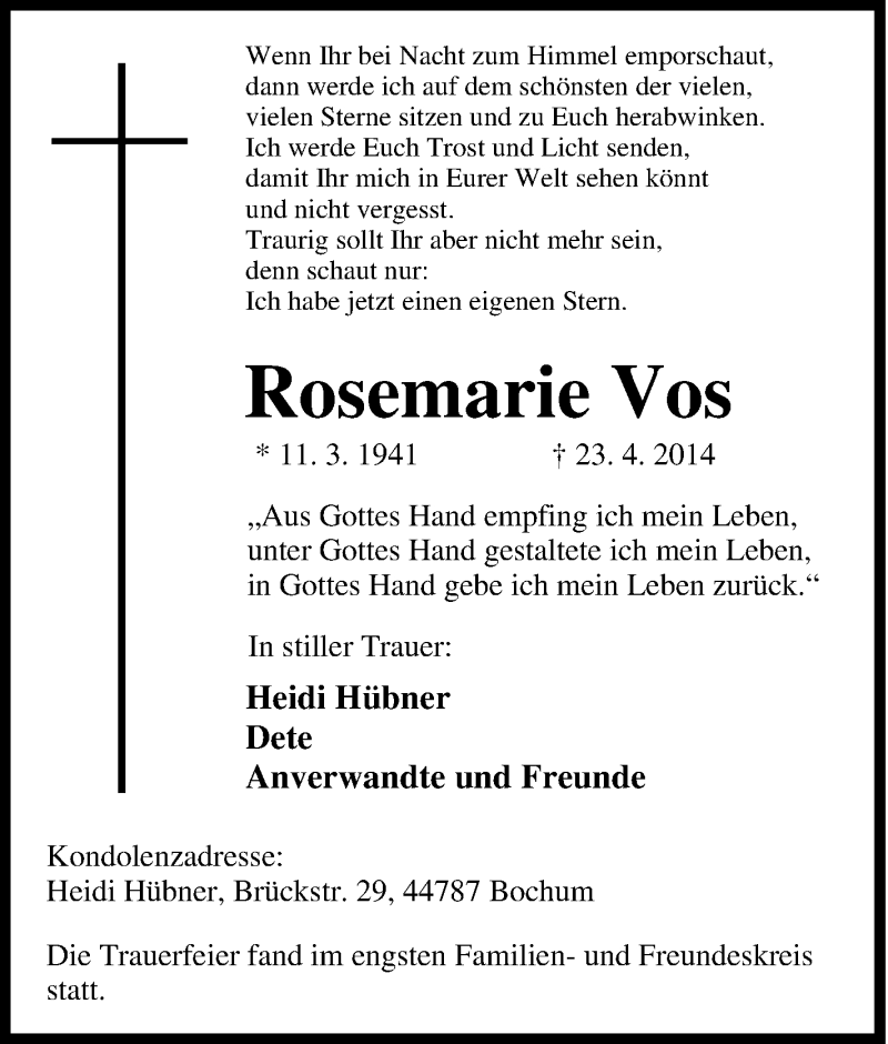 Traueranzeigen Von Rosemarie Vos Trauer In Nrw De