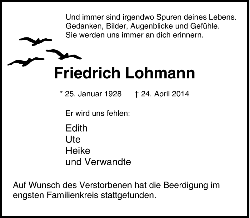 Traueranzeigen Von Friedrich Lohmann Trauer In NRW De