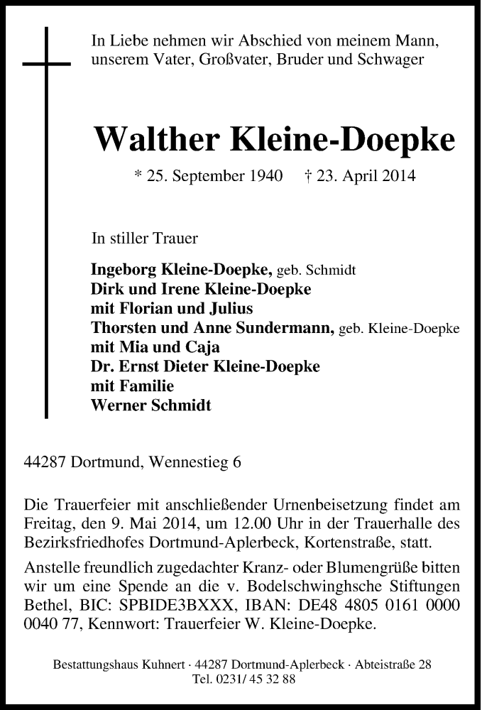 Traueranzeigen Von Walther Kleine Doepke Trauer In NRW De