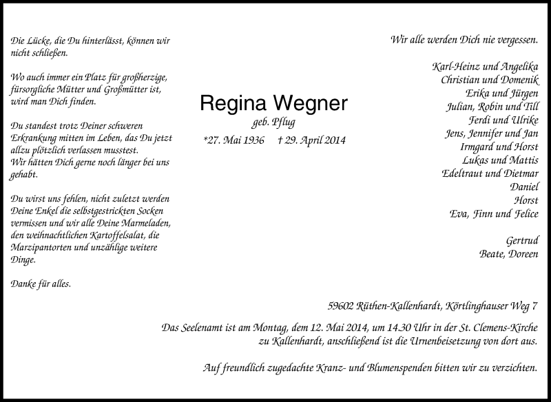 Traueranzeigen Von Regina Wegner Trauer In Nrw De