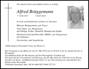 Traueranzeigen Von Alfred Br Ggemann Trauer In Nrw De