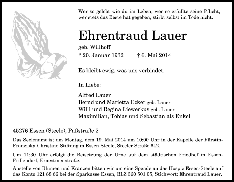 Traueranzeigen Von Ehrentraud Lauer Trauer In Nrw De