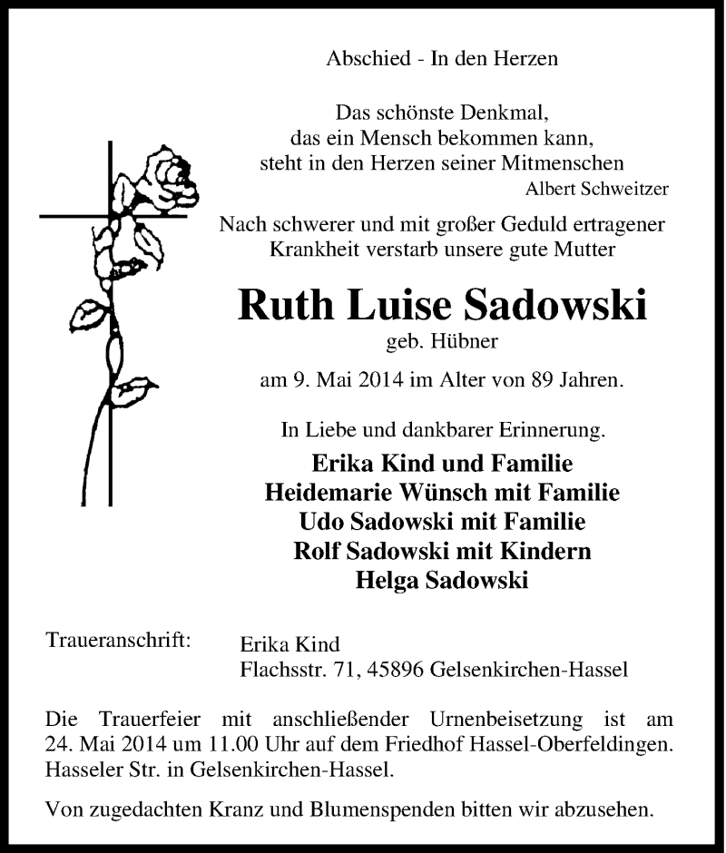 Traueranzeigen Von Ruth Luise Sadowski Trauer In Nrw De