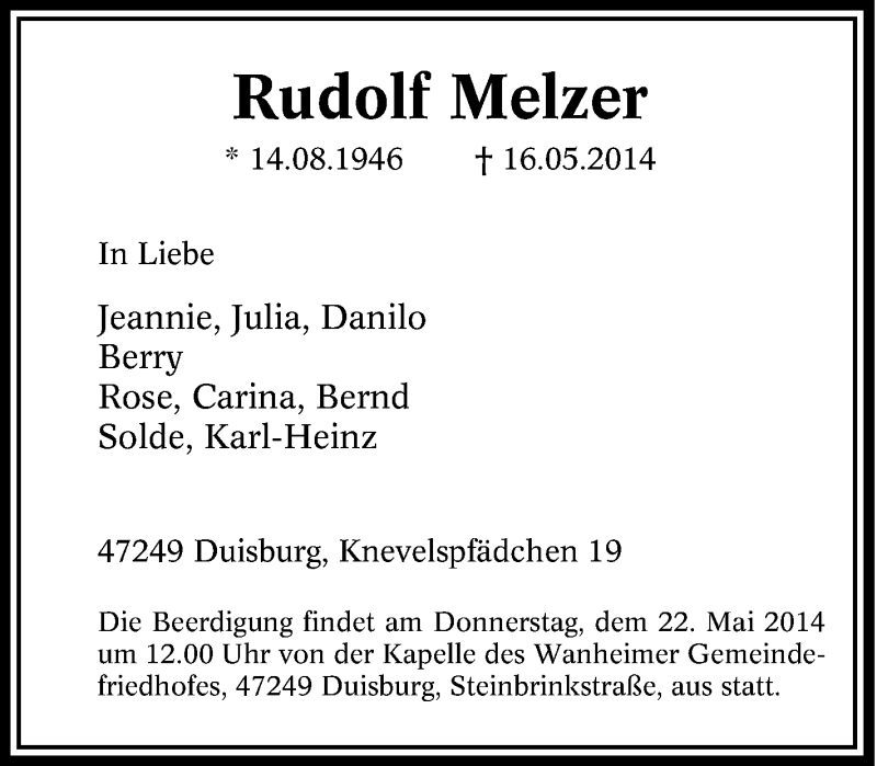 Traueranzeigen Von Rudolf Melzer Trauer In Nrw De