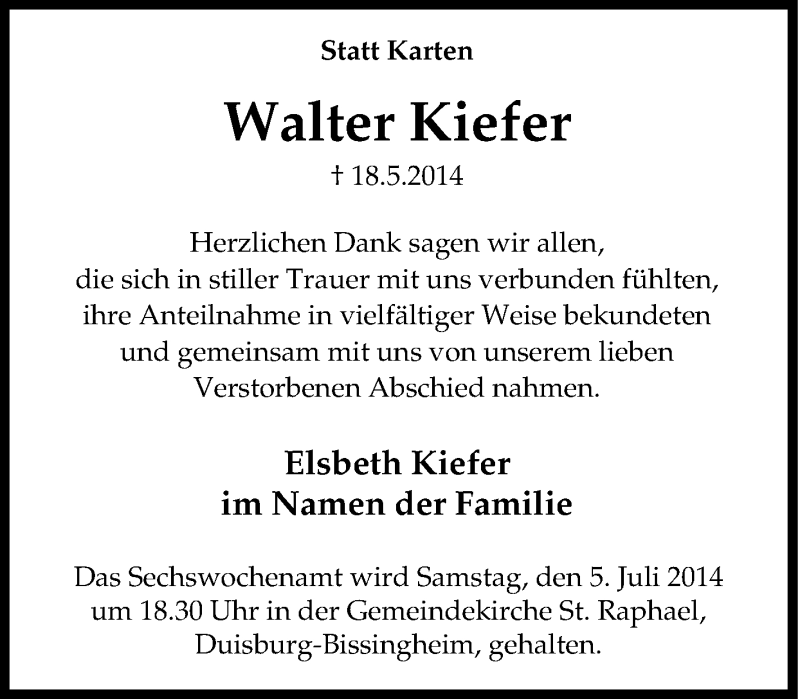 Traueranzeigen Von Walter Kiefer Trauer In NRW De