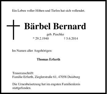 Traueranzeigen von Bärbel Bernard Trauer in NRW de