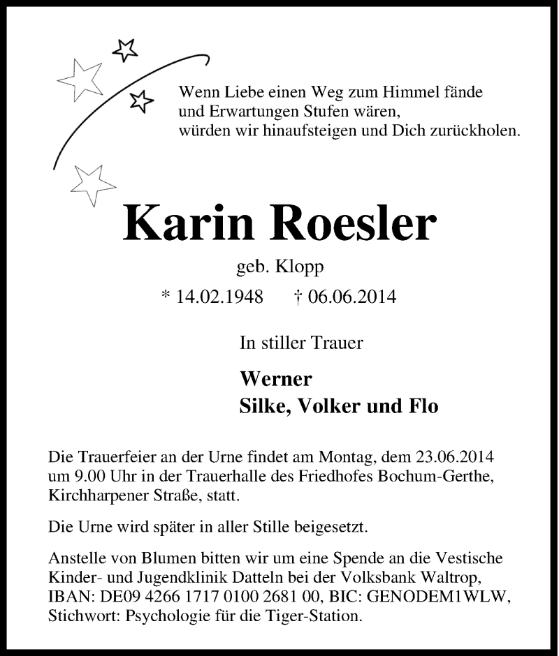 Traueranzeigen Von Karin Roesler Trauer In Nrw De