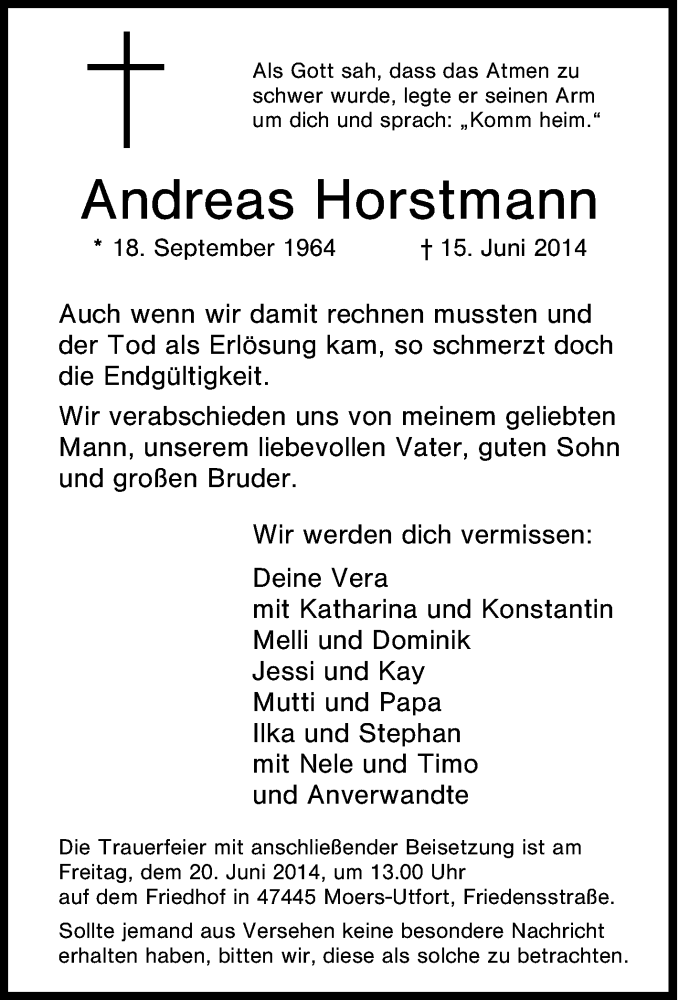 Traueranzeigen Von Andreas Horstmann Trauer In Nrw De