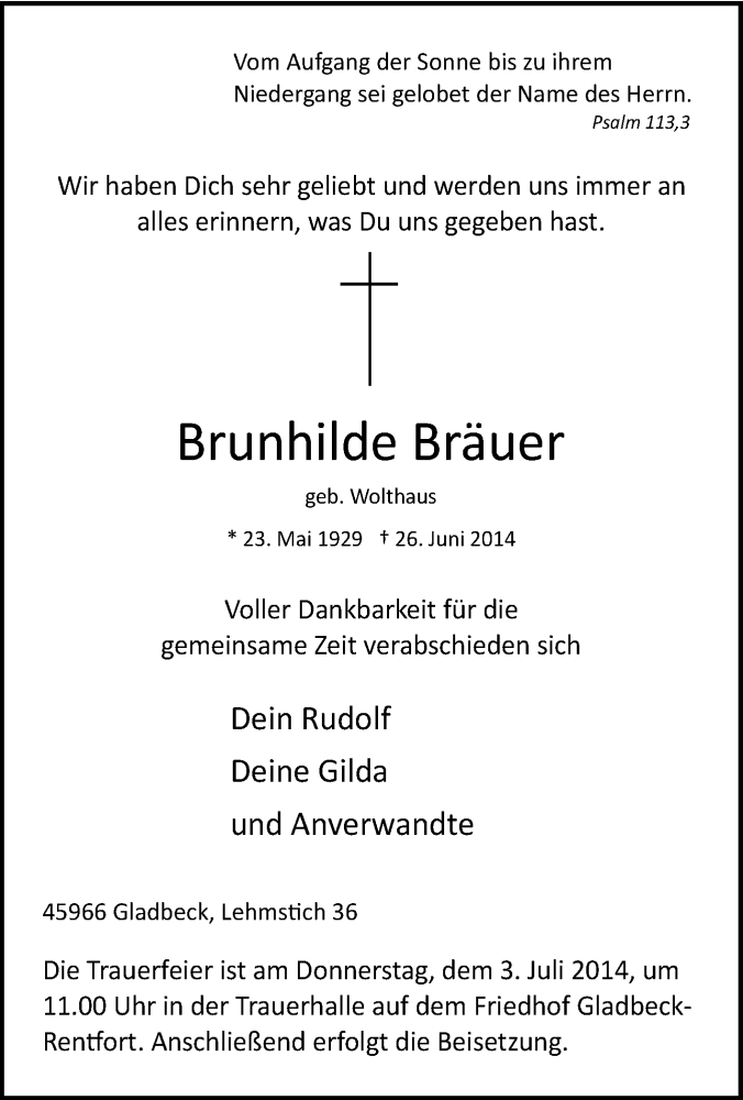 Traueranzeigen von Brunhilde Bräuer Trauer in NRW de