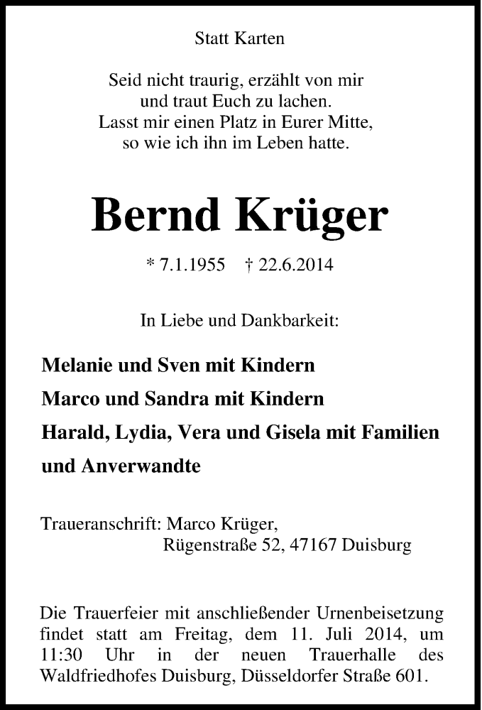 Traueranzeigen von Bernd Krüger Trauer in NRW de