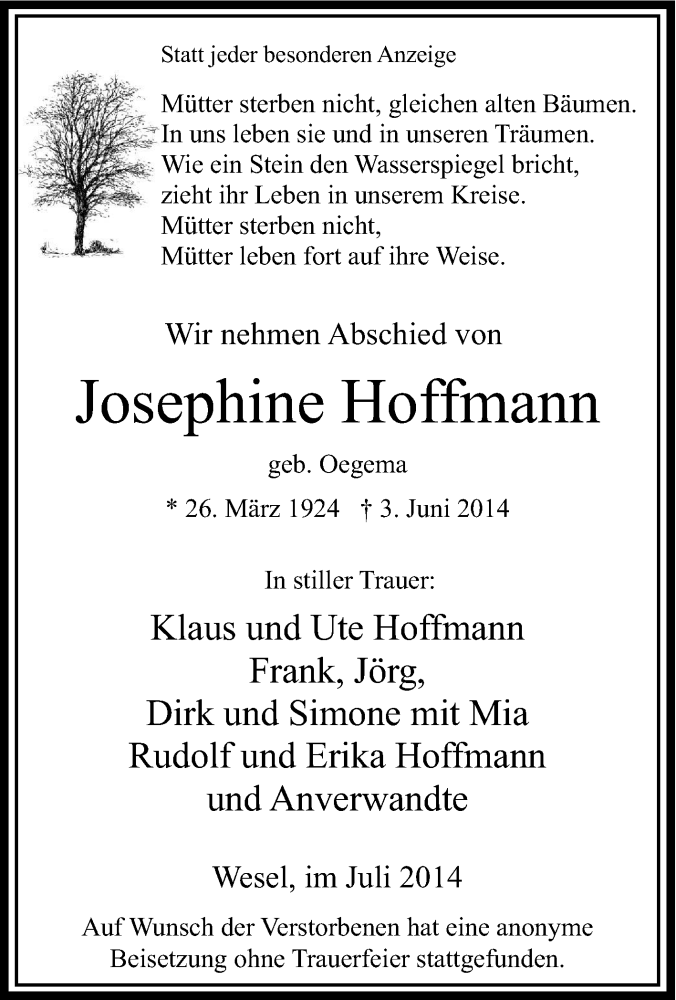 Traueranzeigen Von Josephine Hoffmann Trauer In Nrw De