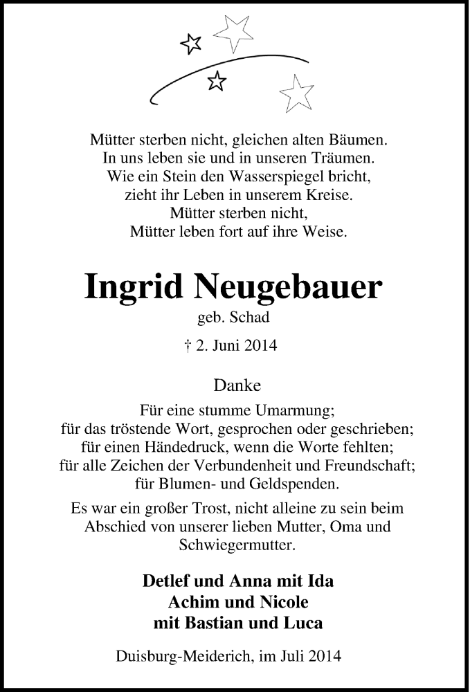 Traueranzeigen Von Ingrid Neugebauer Trauer In Nrw De