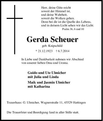 Traueranzeigen Von Gerda Scheuer Trauer In NRW De