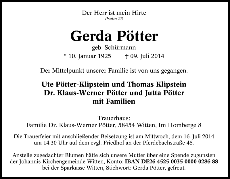 Traueranzeigen Von Gerda P Tter Trauer In Nrw De