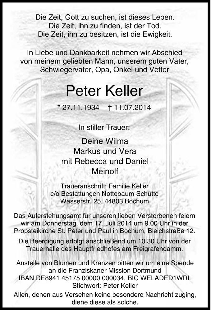 Traueranzeigen Von Peter Keller Trauer In NRW De