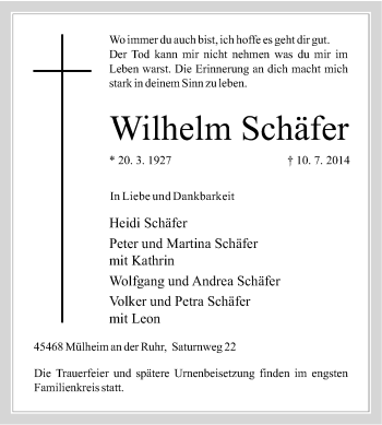 Traueranzeigen Von Wilhelm Sch Fer Trauer In Nrw De