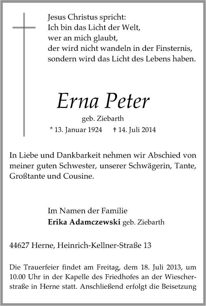 Traueranzeigen Von Erna Peter Trauer In NRW De