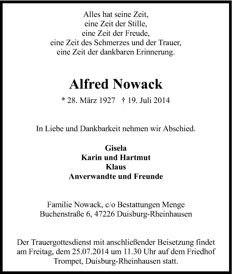 Traueranzeigen Von Alfred Nowack Trauer In NRW De