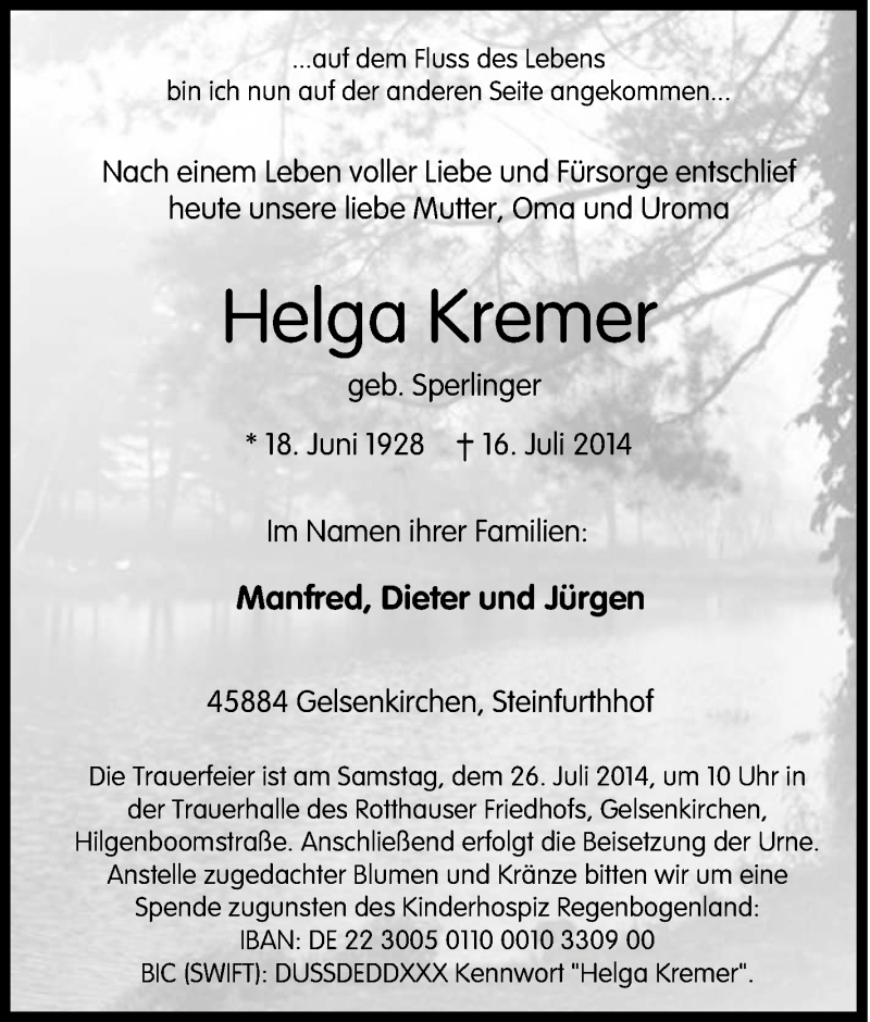 Traueranzeigen Von Helga Kremer Trauer In Nrw De