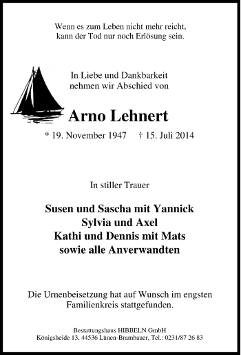 Traueranzeigen Von Arno Lehnert Trauer In NRW De