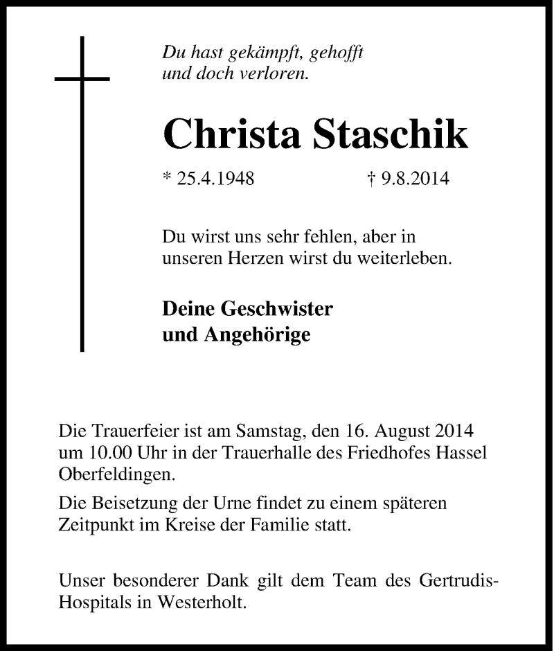 Traueranzeigen Von Christa Staschik Trauer In NRW De