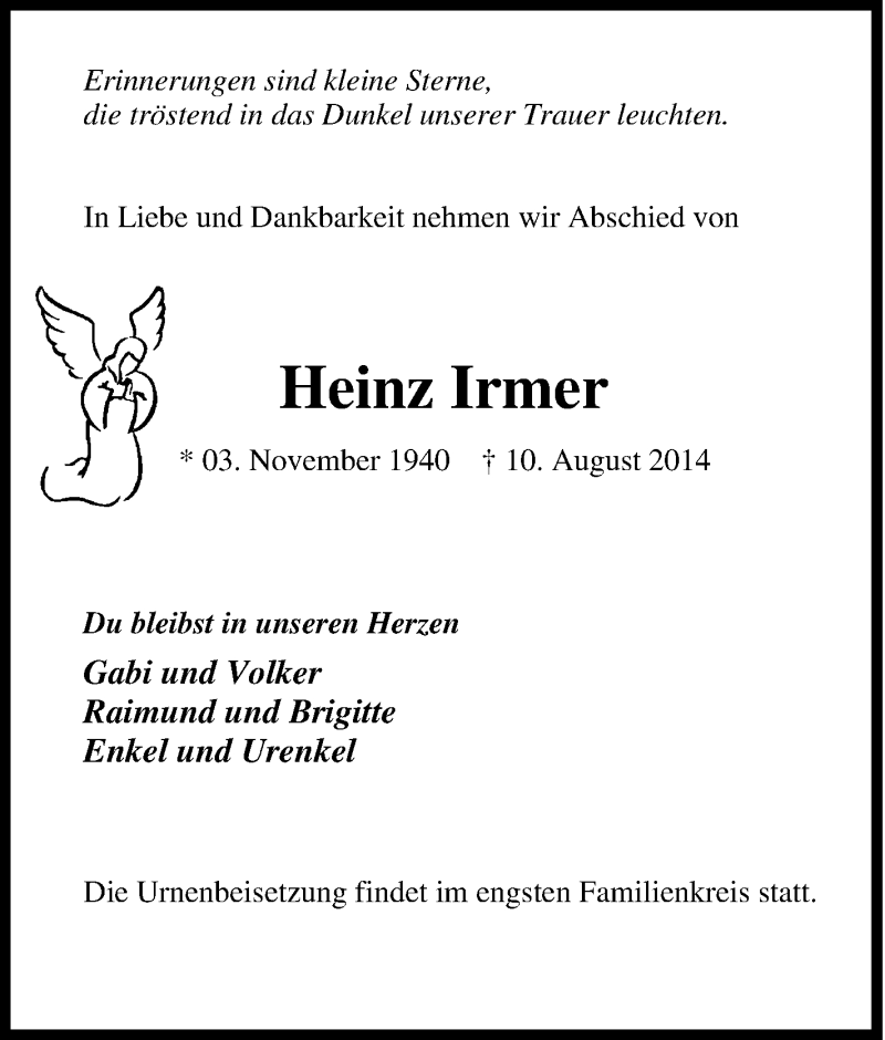 Traueranzeigen Von Heinz Irmer Trauer In Nrw De