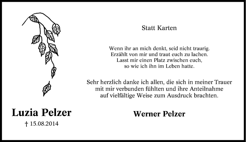 Traueranzeigen Von Luzia Pelzer Trauer In Nrw De