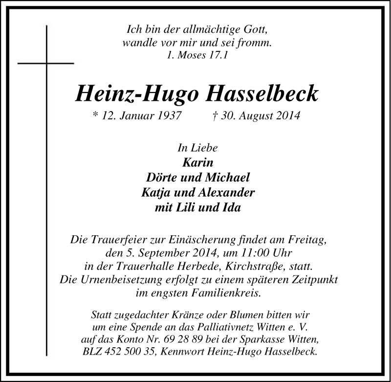 Traueranzeigen Von Heinz Hugo Hasselbeck Trauer In NRW De