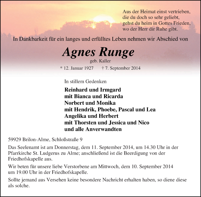 Traueranzeigen Von Agnes Runge Trauer In NRW De