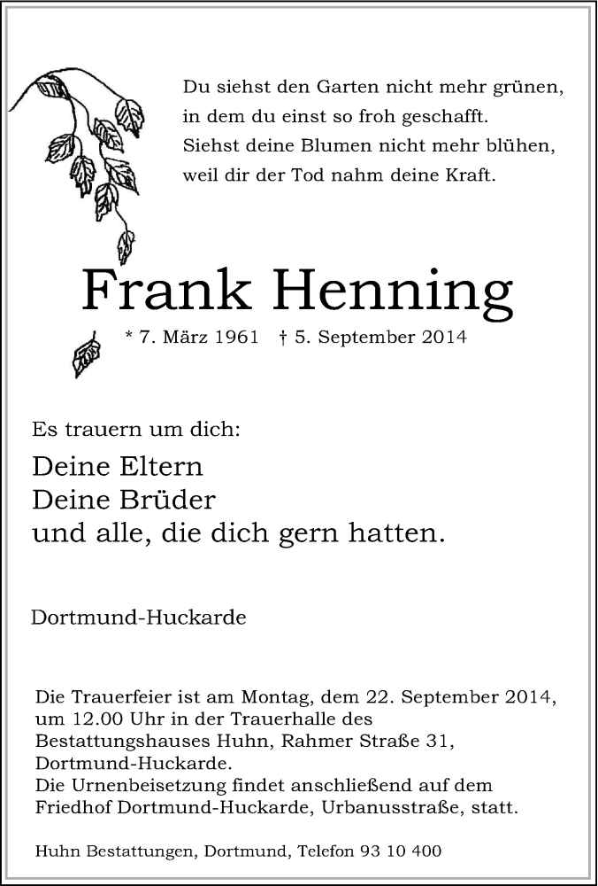 Traueranzeigen Von Frank Henning Trauer In Nrw De