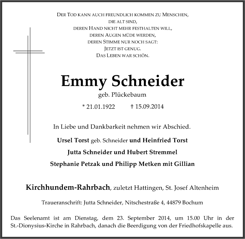 Traueranzeigen Von Emmy Schneider Trauer In Nrw De