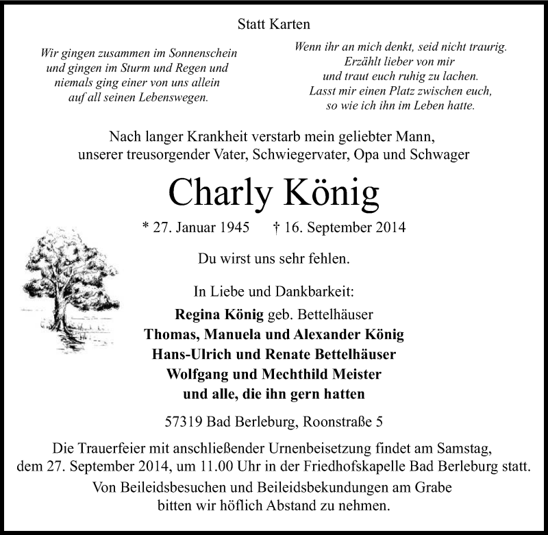 Traueranzeigen von Charly König Trauer in NRW de