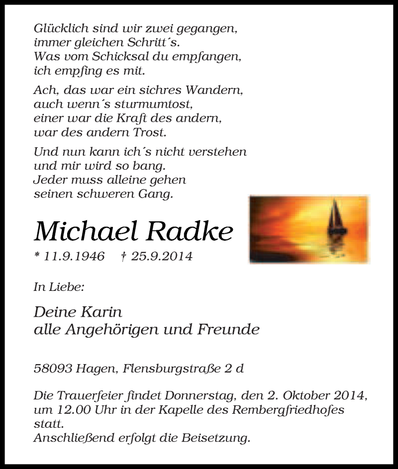 Traueranzeigen Von Michael Radke Trauer In Nrw De