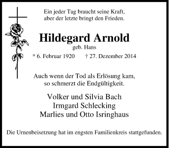 Traueranzeigen Von Hildegard Arnold Trauer In NRW De