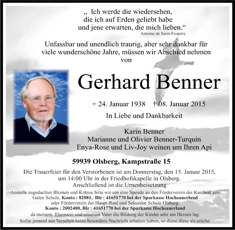 Traueranzeigen Von Gerhard Benner Trauer In Nrw De