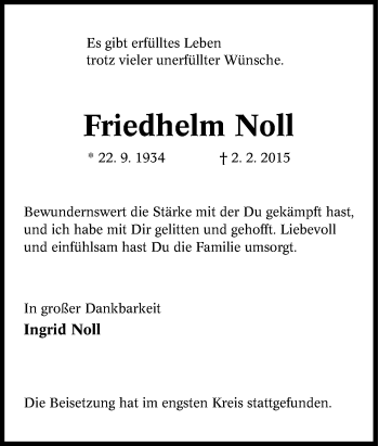 Traueranzeigen Von Friedhelm Noll Trauer In Nrw De