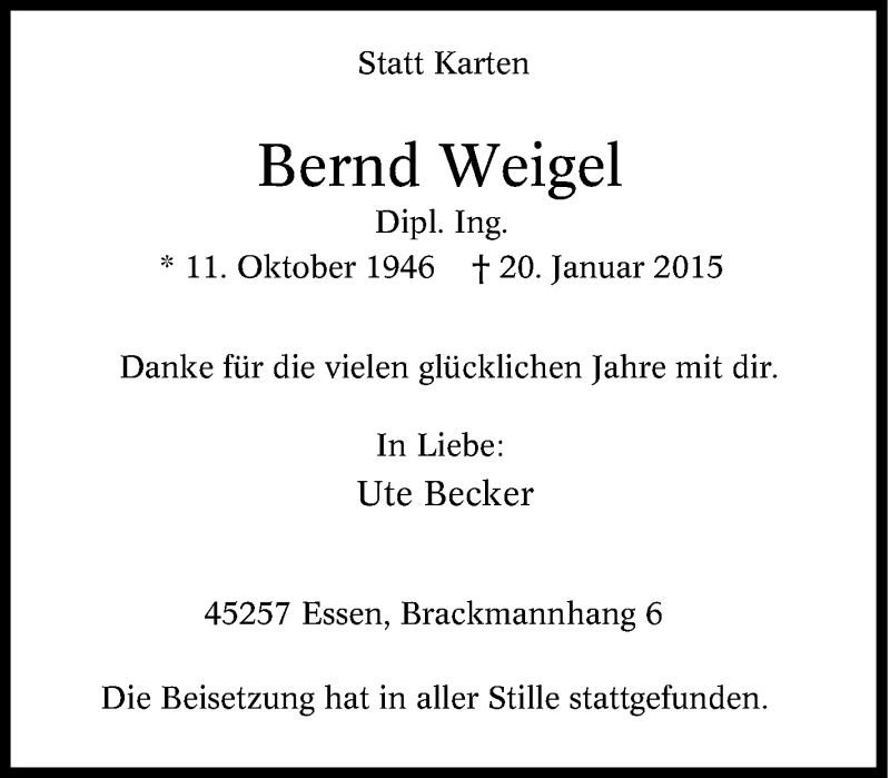 Traueranzeigen Von Bernd Weigel Trauer In Nrw De